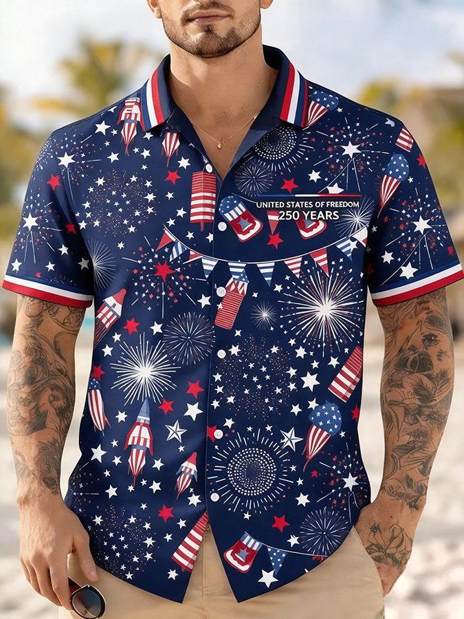 Men'S Casual American Flag Ribbon Art Print Hawaiian Shirt