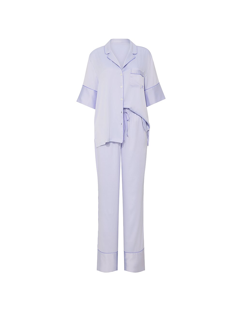 Signature Satin Short-Sleeve Long Pajama Set  Icy Lavender