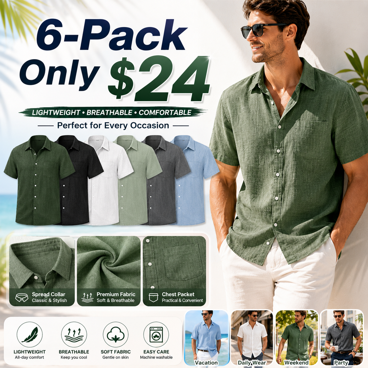 🌴 Men's Coastal Linen Button-Up Shirt – Lightweight Summer Essential