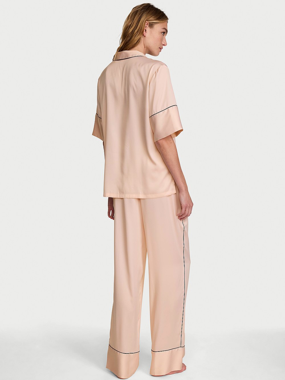 Signature Satin Short-Sleeve Long Pajama Set Sheer Blush