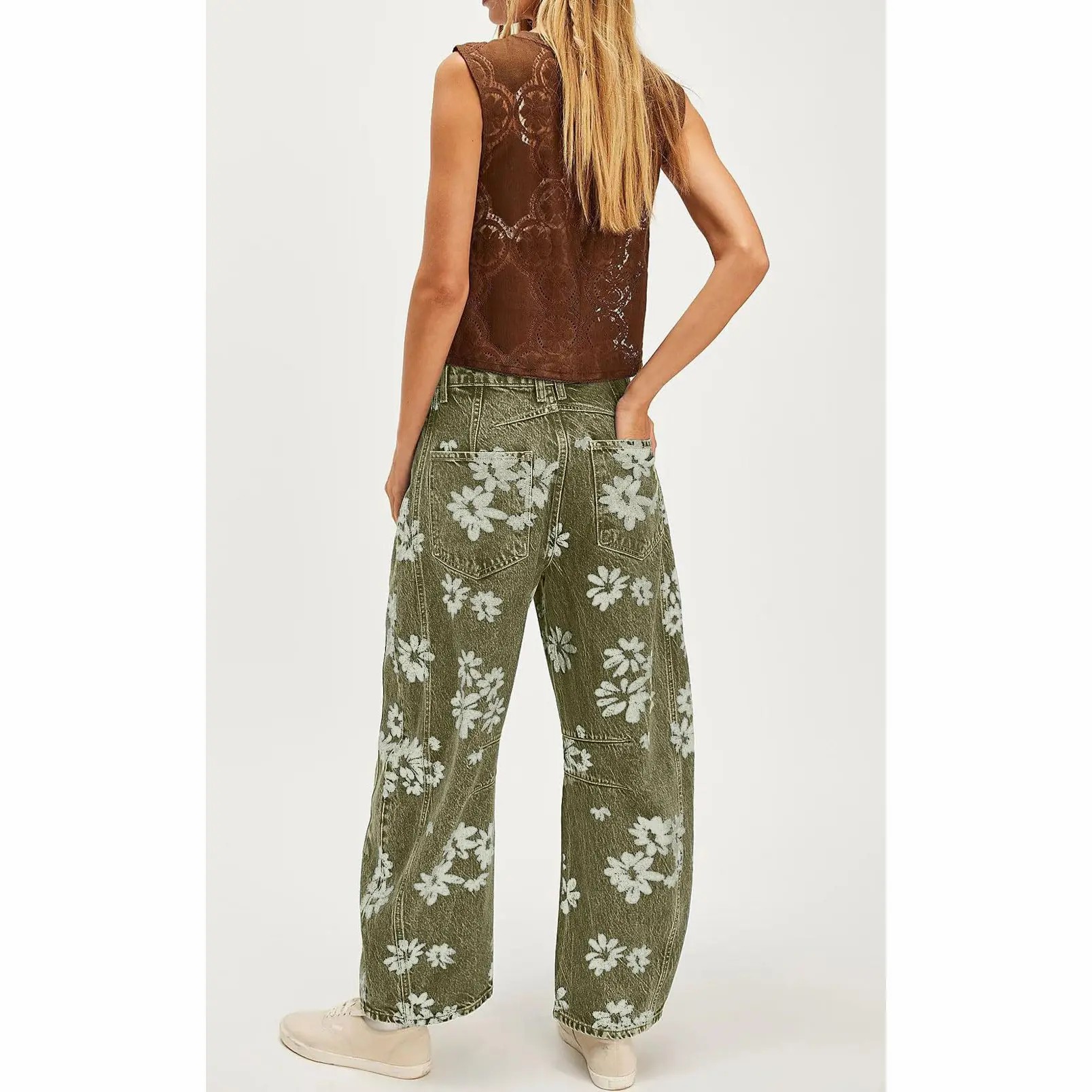 Women's Y2K Floral Printed Wide Leg Jeans – Loose Boyfriend Style Barrel Denim