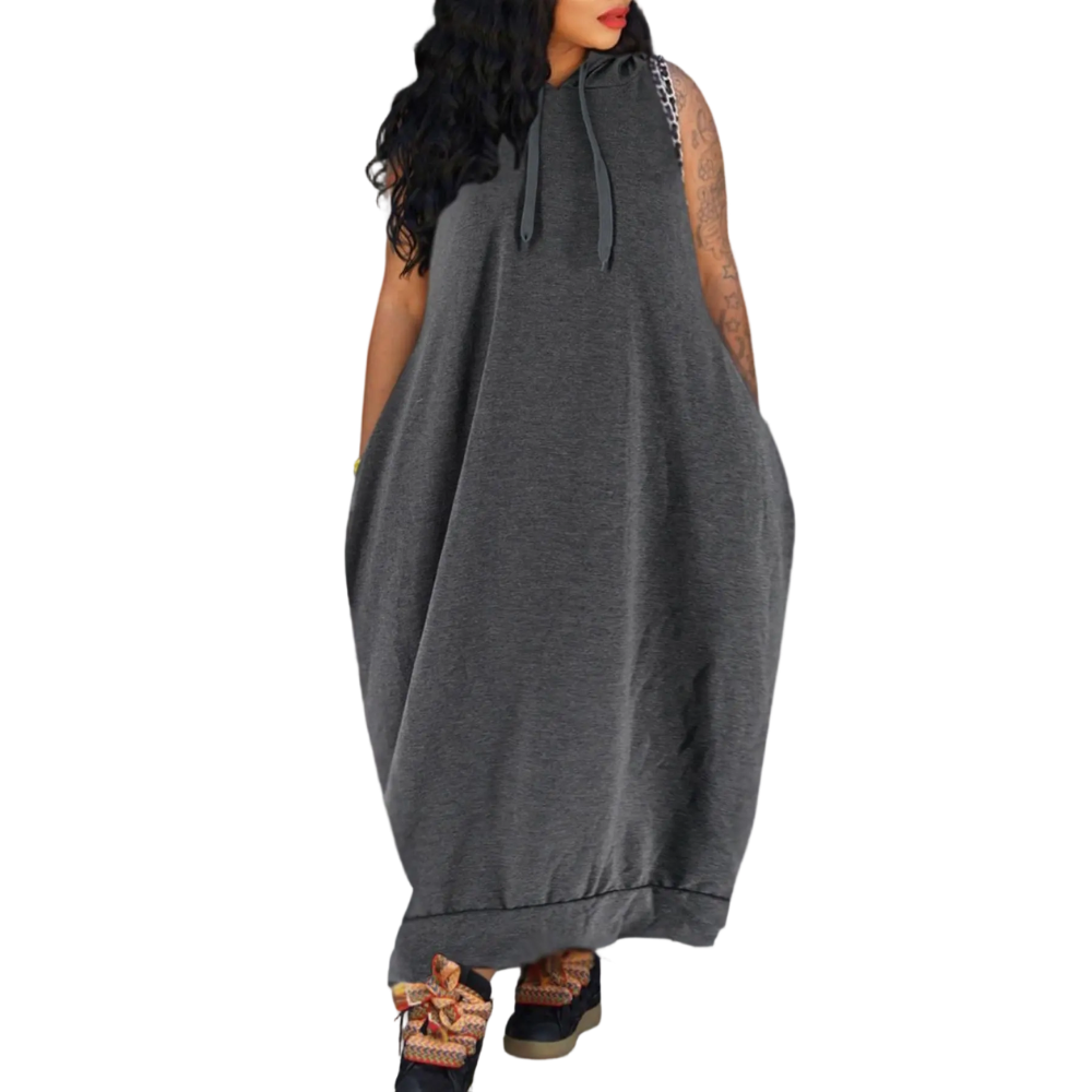 Women's Plain Drawstring Hooded Tank Dress, Casual Basic Pocket Sleeveless Dress