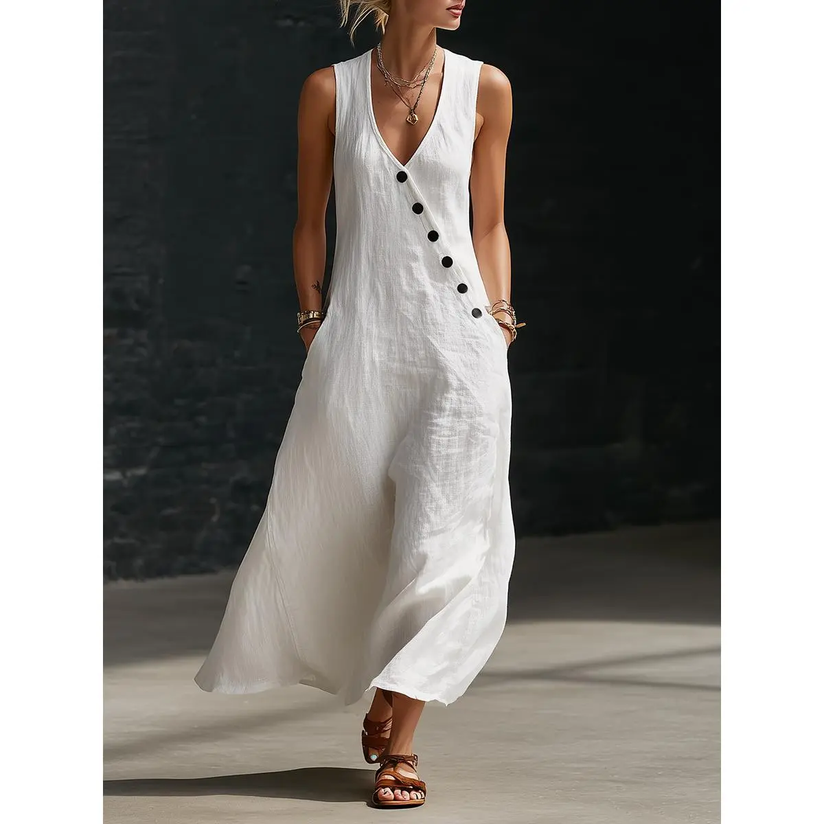 Boho Linen Maxi Dress - Perfect for Beach, Vacation & Brunch! Sleeveless V-Neck Button Detail Casual Dress with Pockets # SleevelessDress