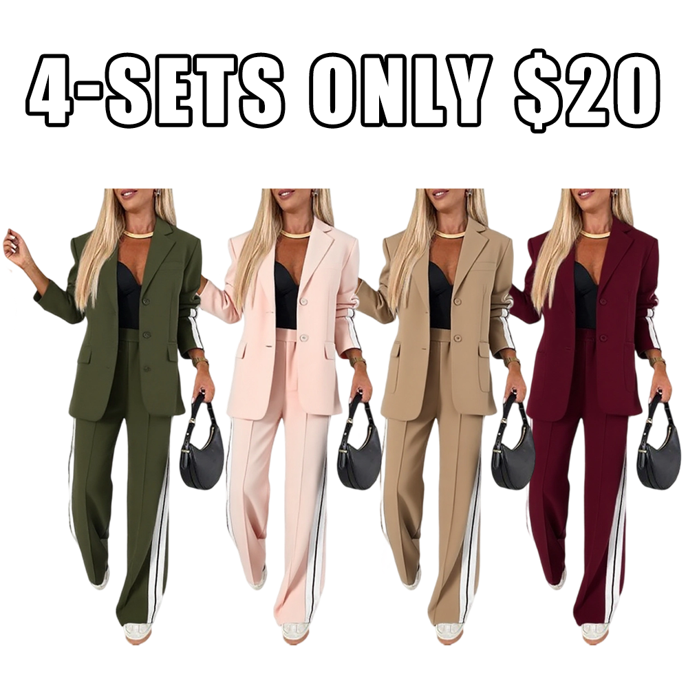 Women's Striped Side Tape Blazer & Wide-Leg Pants Set