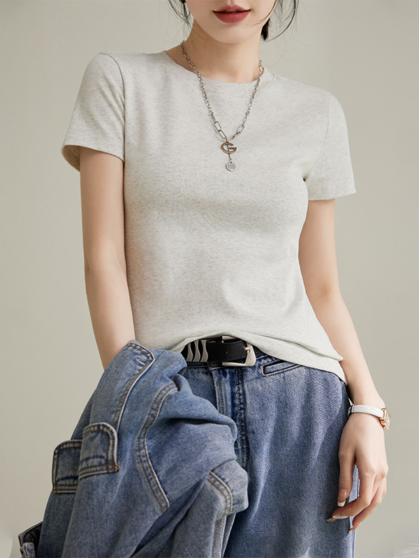 Solid Color Short Sleeves Skinny Round-Neck T-Shirts Tops