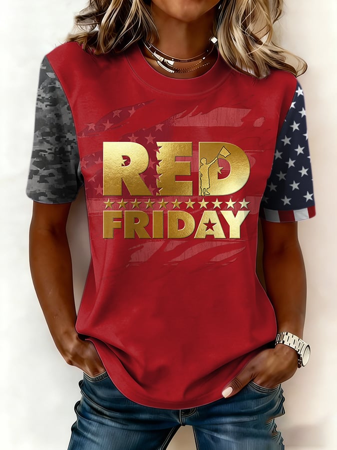 Women's Casual Red Friday Print Short-Sleeve T-Shirt