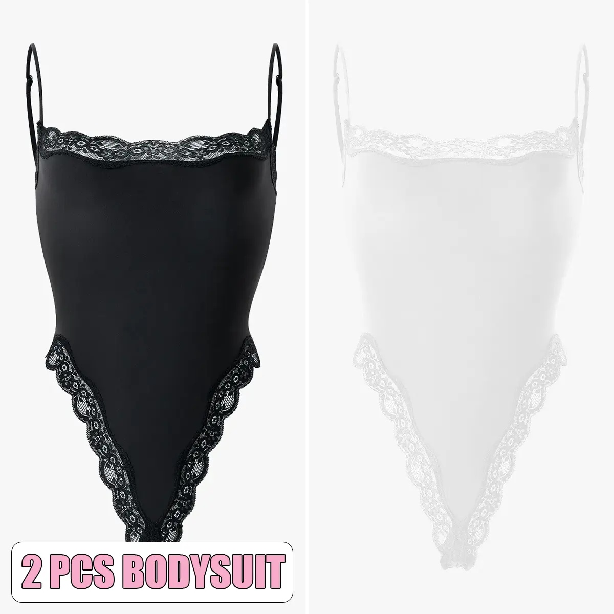 KatchMe Lace Series Women's Simple Style Spaghetti Strap Lace Trim Breathable Bodysuit