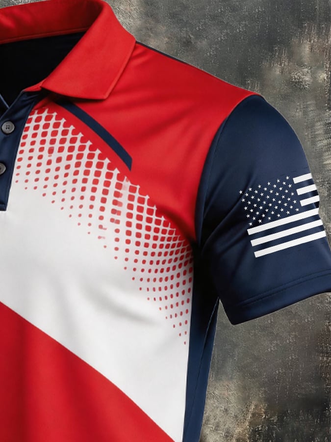Men's Retro Patriotic Color-Block Short-Sleeve Polo Shirt