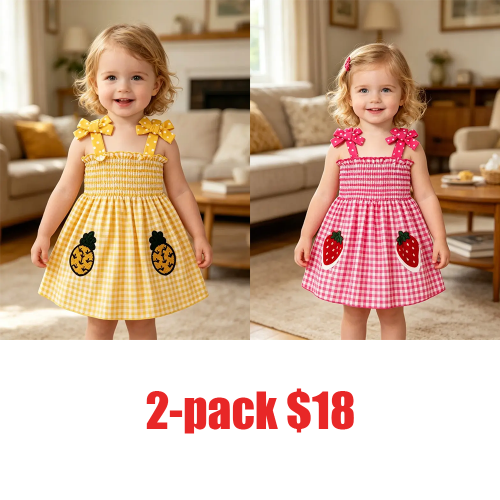 🌞 Cute & Sweet Summer Set for Girls! Plaid & Fruit Prints, Bow Shoulder Straps, 4-Piece Versatile Kids' Outfit for Summer Fun! 👗🍉