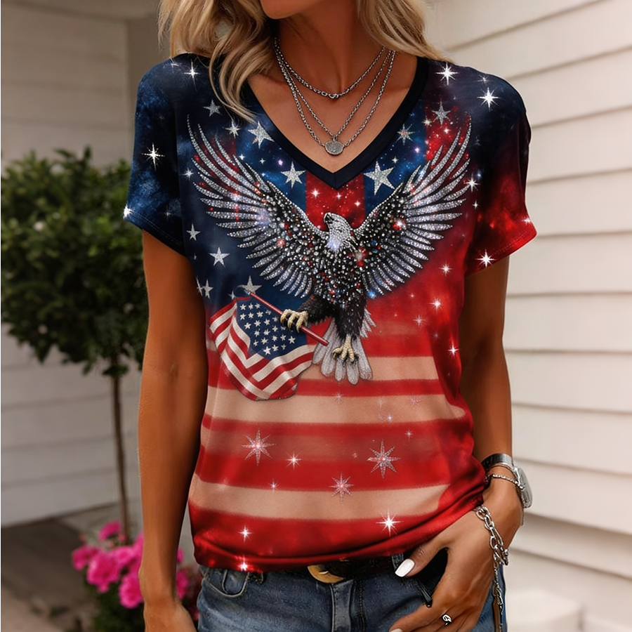 Women's Galaxy Star Bald Eagle American Flag V-Neck T-Shirt