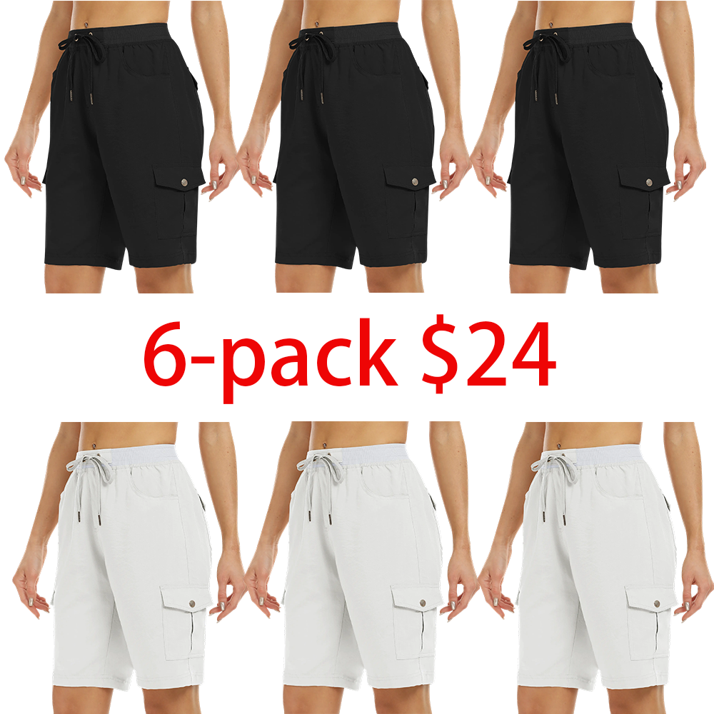 Women's 6-Pack Lightweight Quick Dry Outdoor Shorts – Elastic Waistband with Pockets for Hiking Camping
