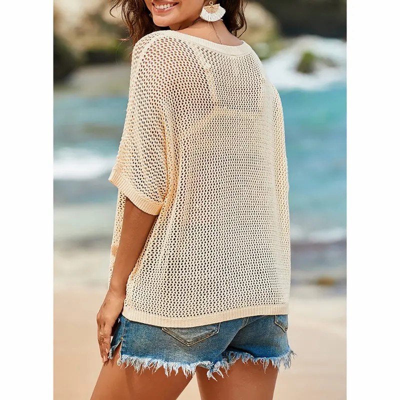 Women's Floral Crochet Sweater – Short Sleeve Lightweight Knit Beach Cover Up
