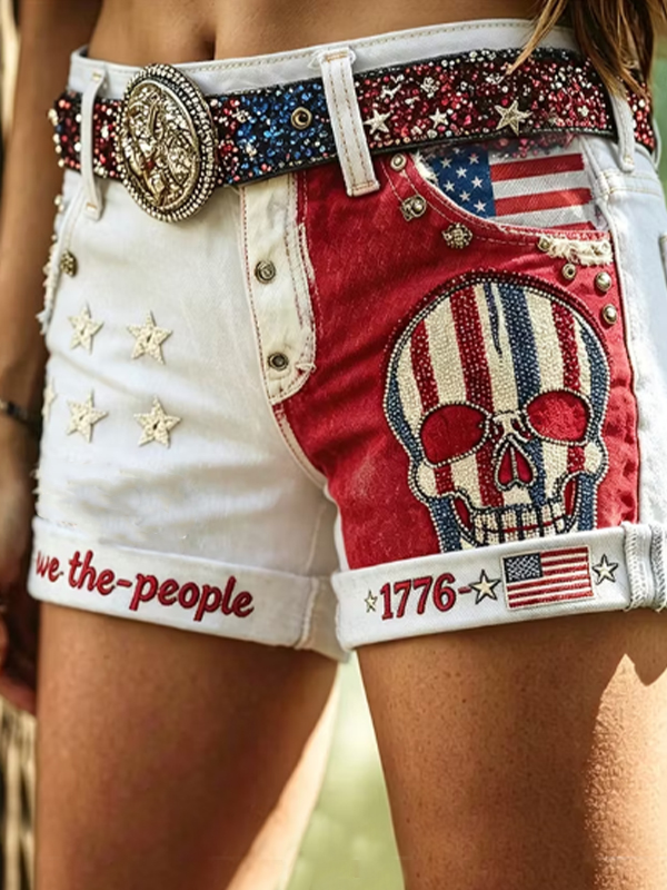 Women's American Flag Skull Rhinestone Art Print Casual Shorts