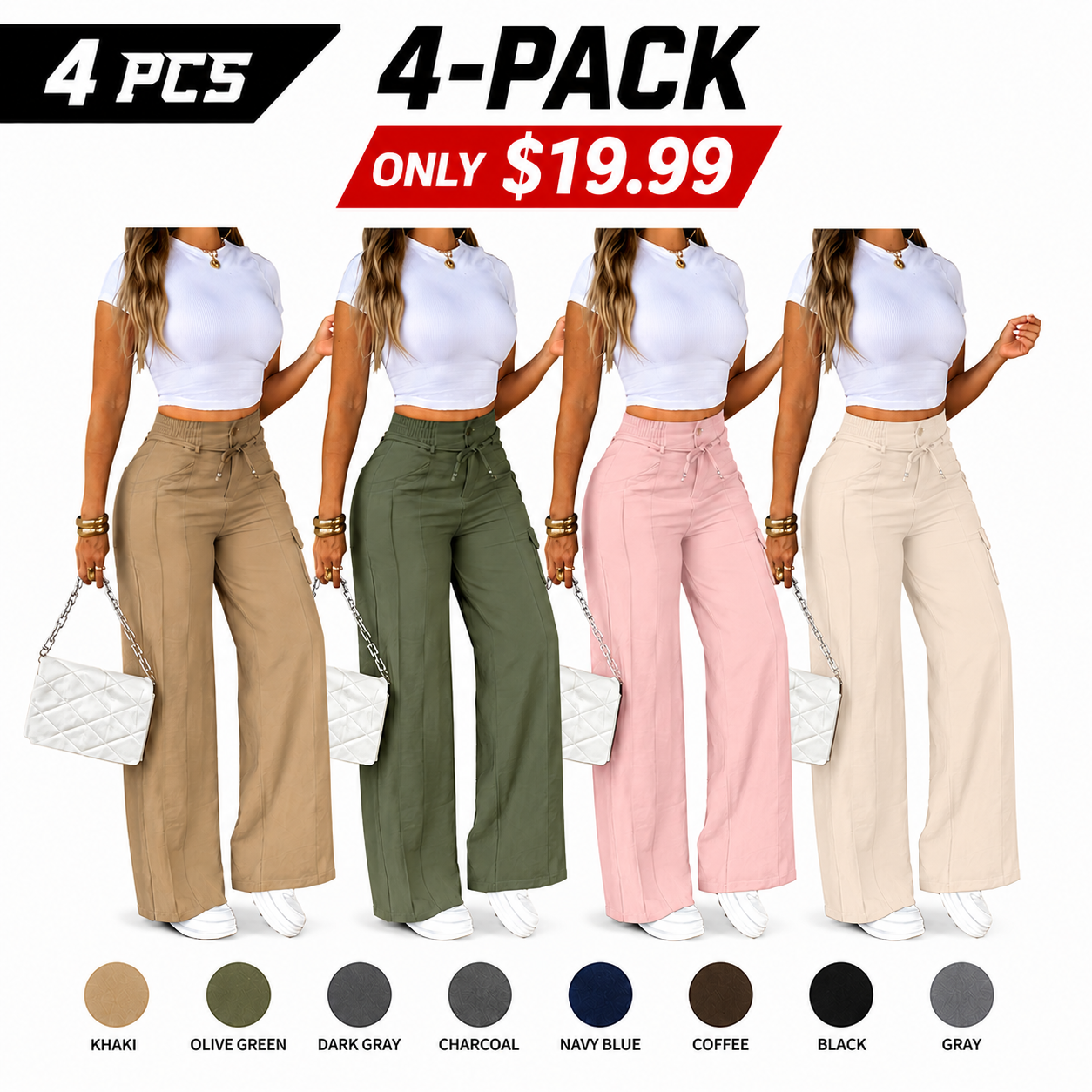 Women's casual wide-leg trousers with vertical pleats.