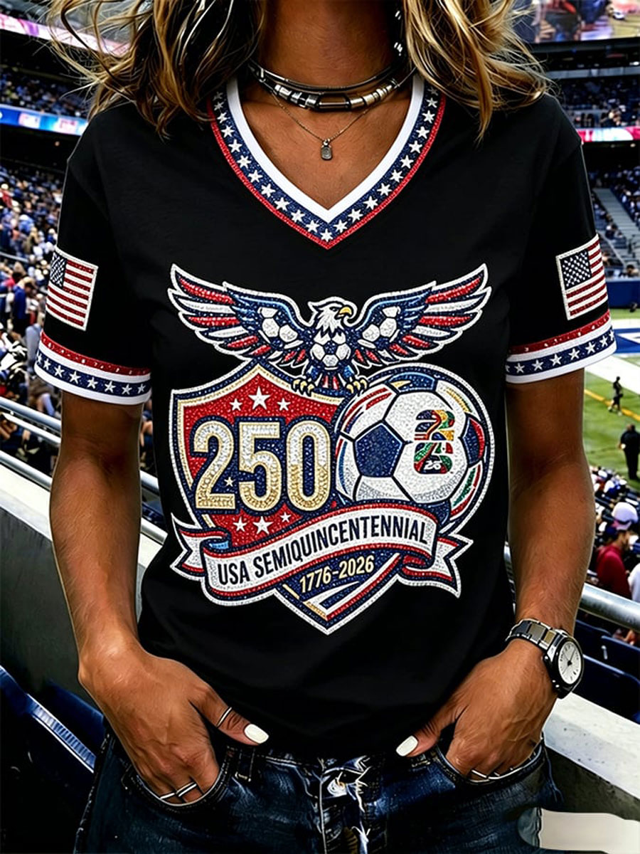 American Soccer Fan Patriotic Graphic Print Women's Casual T-Shirt