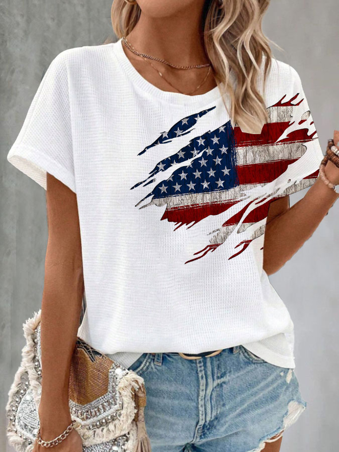 Women's Retro American Flag Printed Waffle T-shirt