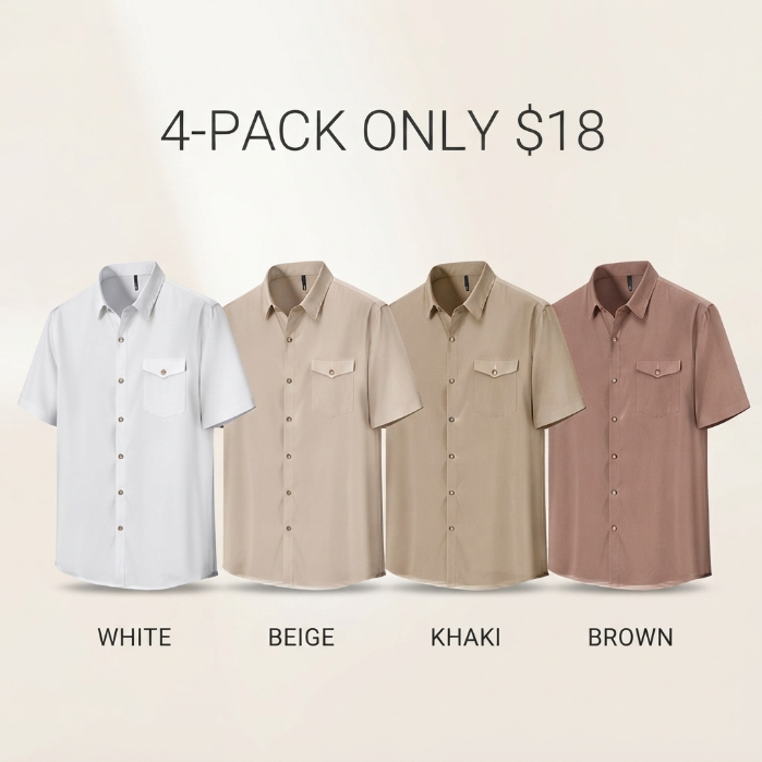 Men's Linen-Like Button-Down Shirt – Classic Collar with Chest Pocket & Curved Hem