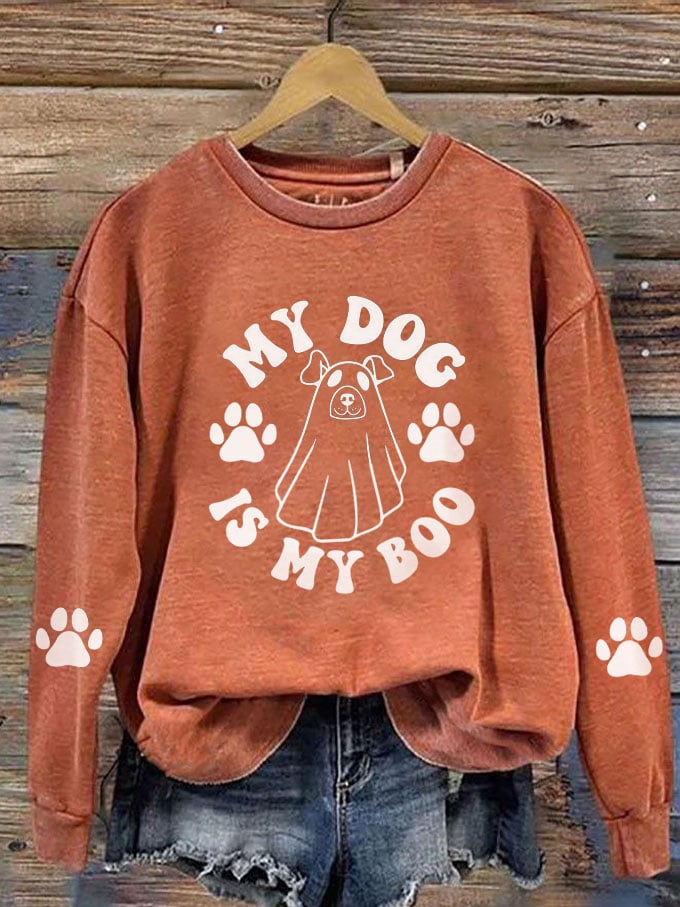 Women's My Dog Is My Boo Halloween Dog Print Crew Neck Sweatshirt