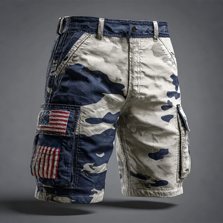 Men'S Retro American Flag Independence Day Multi Pocket Printed Workwear Shorts