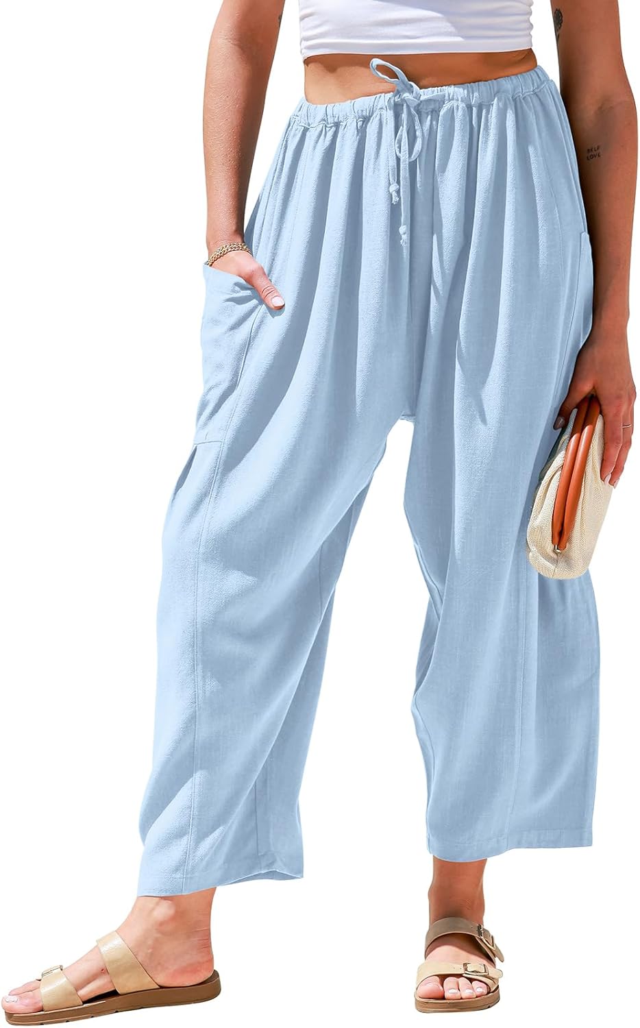 Womens Linen Wide Leg Pants Casual Loose Drawstring Summer Beach Travel Vacation Palazzo Harem Pants with Pockets