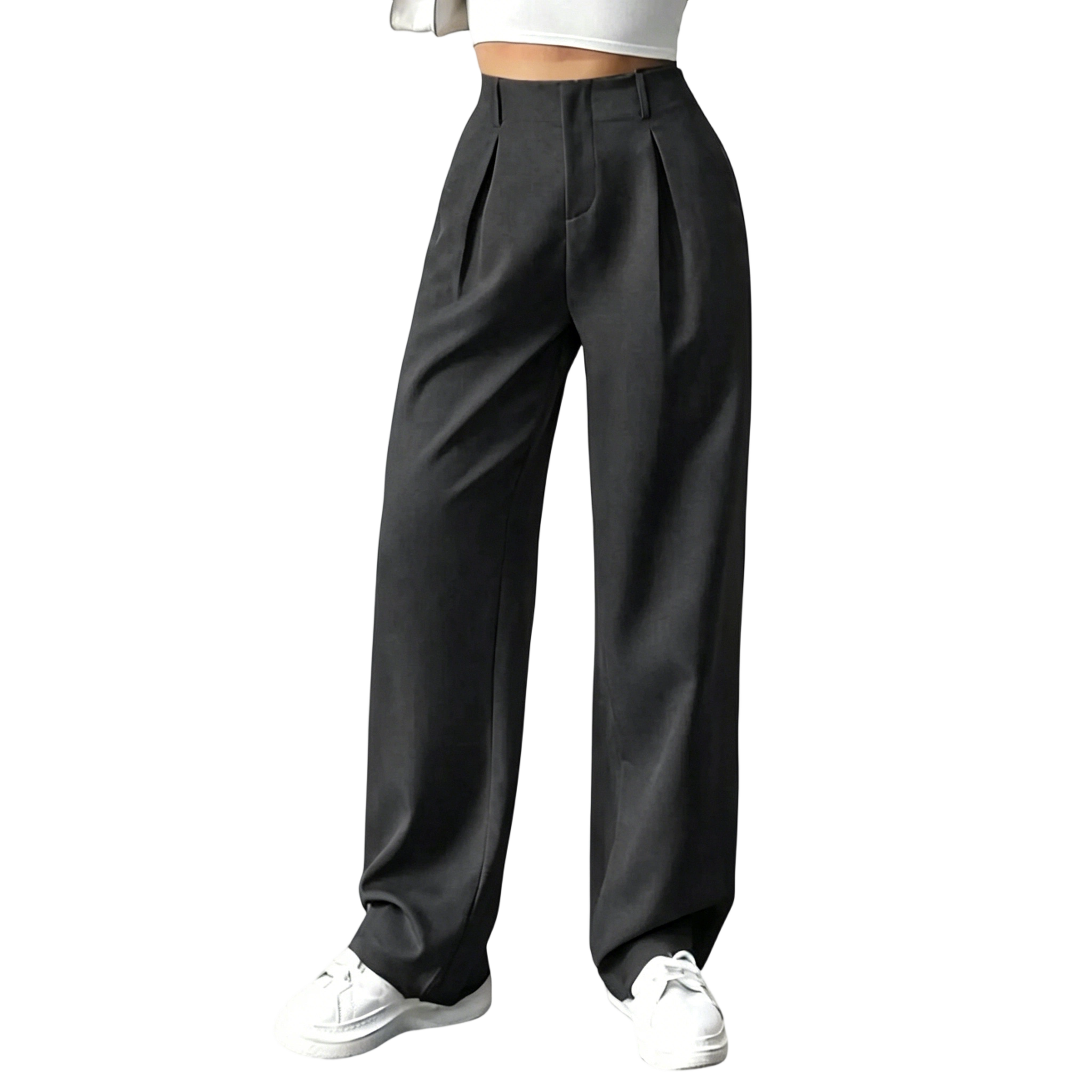 Women's Solid-Color Pleated Wide-Leg Pants with Pockets