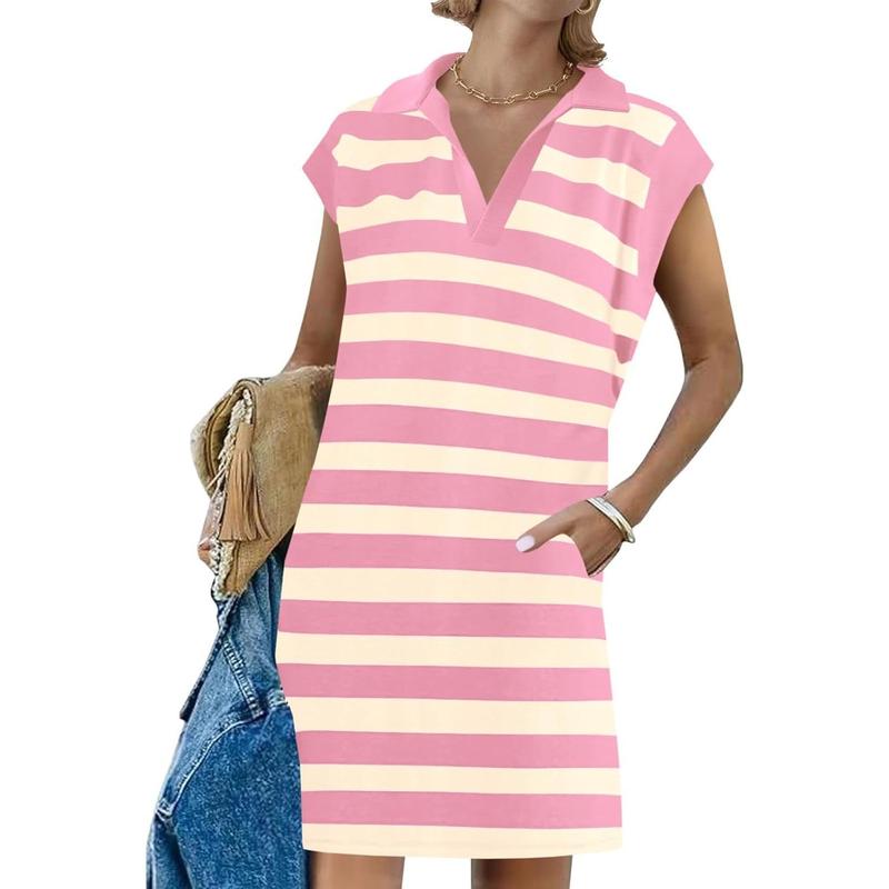 Women’s Striped Polo V-Neck Summer Dress – Sleeveless Loose Fit Midi T-Shirt Dress with Slit, Available in Long & Short Styles (Sizes S–5XL)