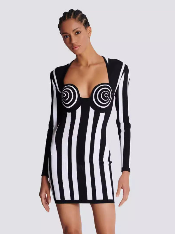 Black And White Vertical Striped Bandage Dress Party Dress