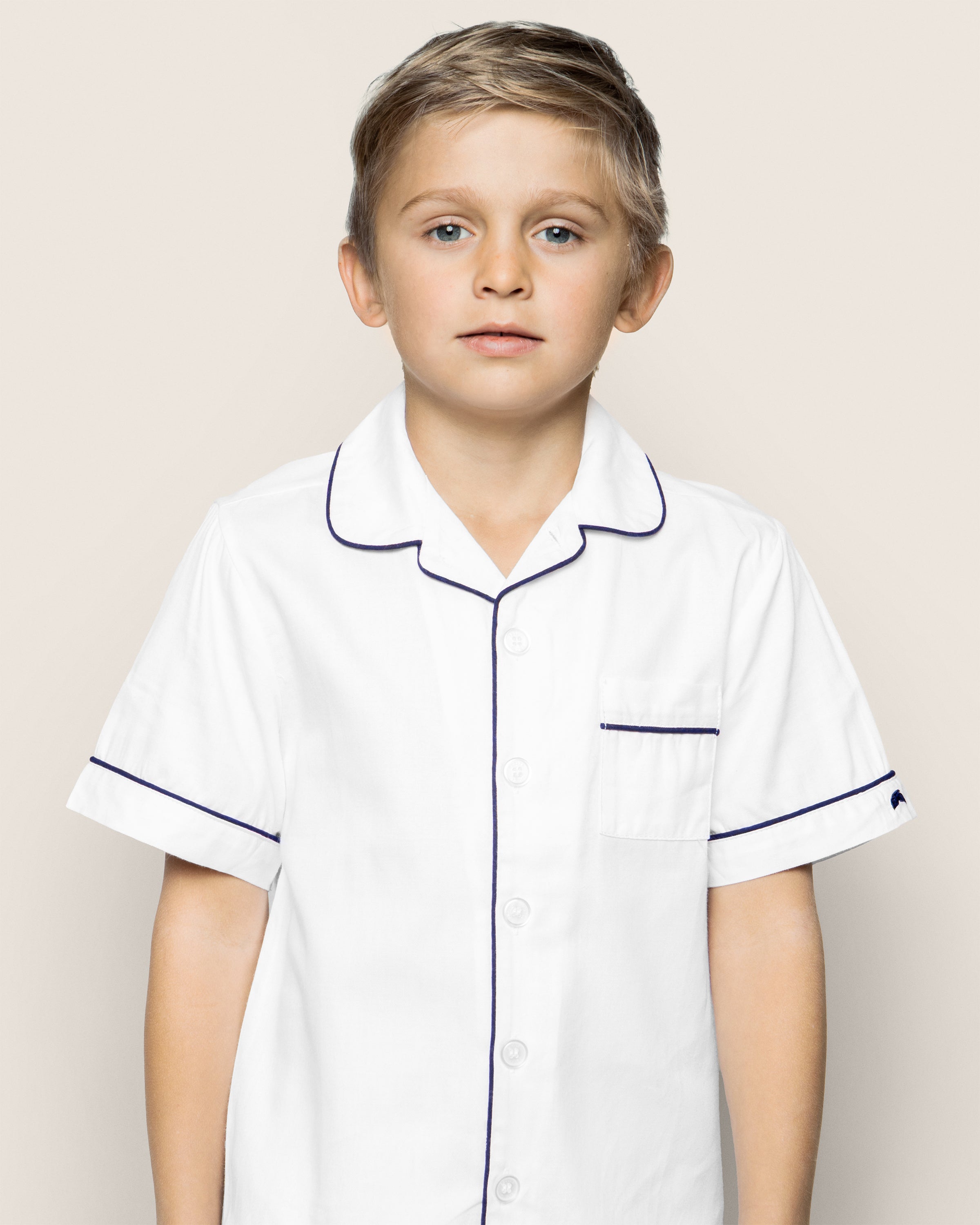 Kid's Twill Pajama Short Set in White with Navy Piping