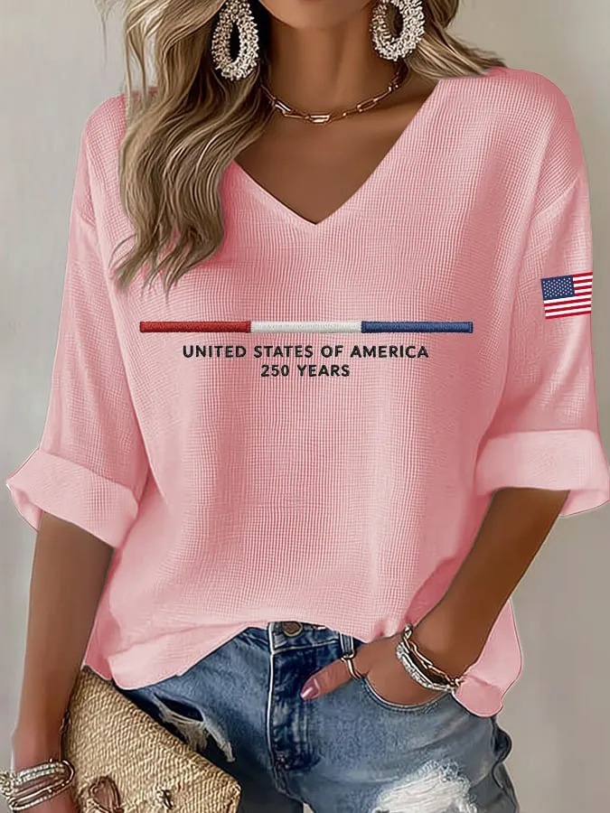 Women'S 250Th Anniversary Printed V-Neck Top For The Founding Of The United States