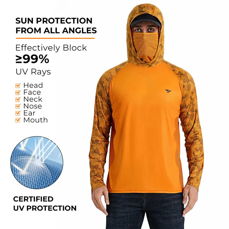 Men's Sun Protection Hoodie (with Face Mask/Neck Gaiter) — UPF 50+ UV Protection, Long Sleeve, Lightweight, Quick-Drying, Moisture-Wicking, Breathable & Cooling