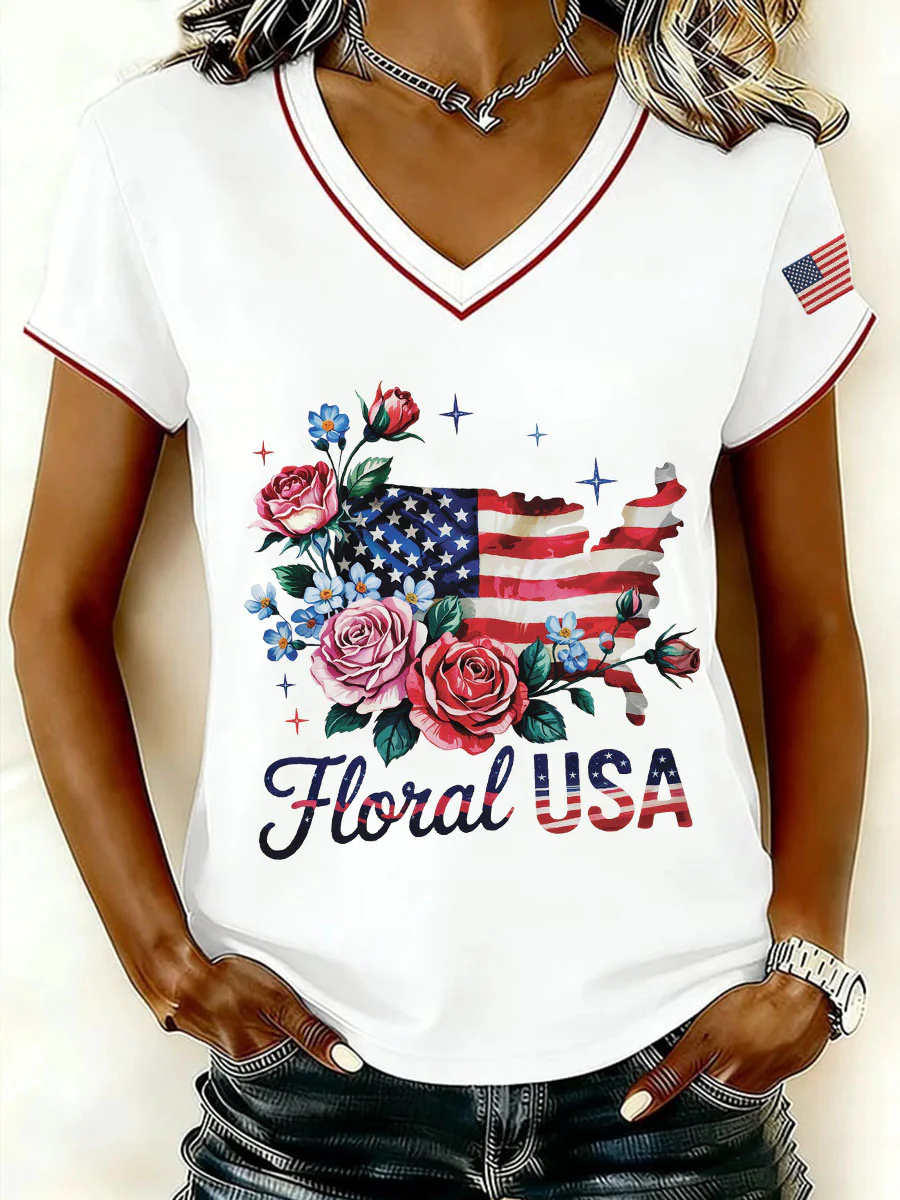 Floral USA Flower Flag Map T-Shirt