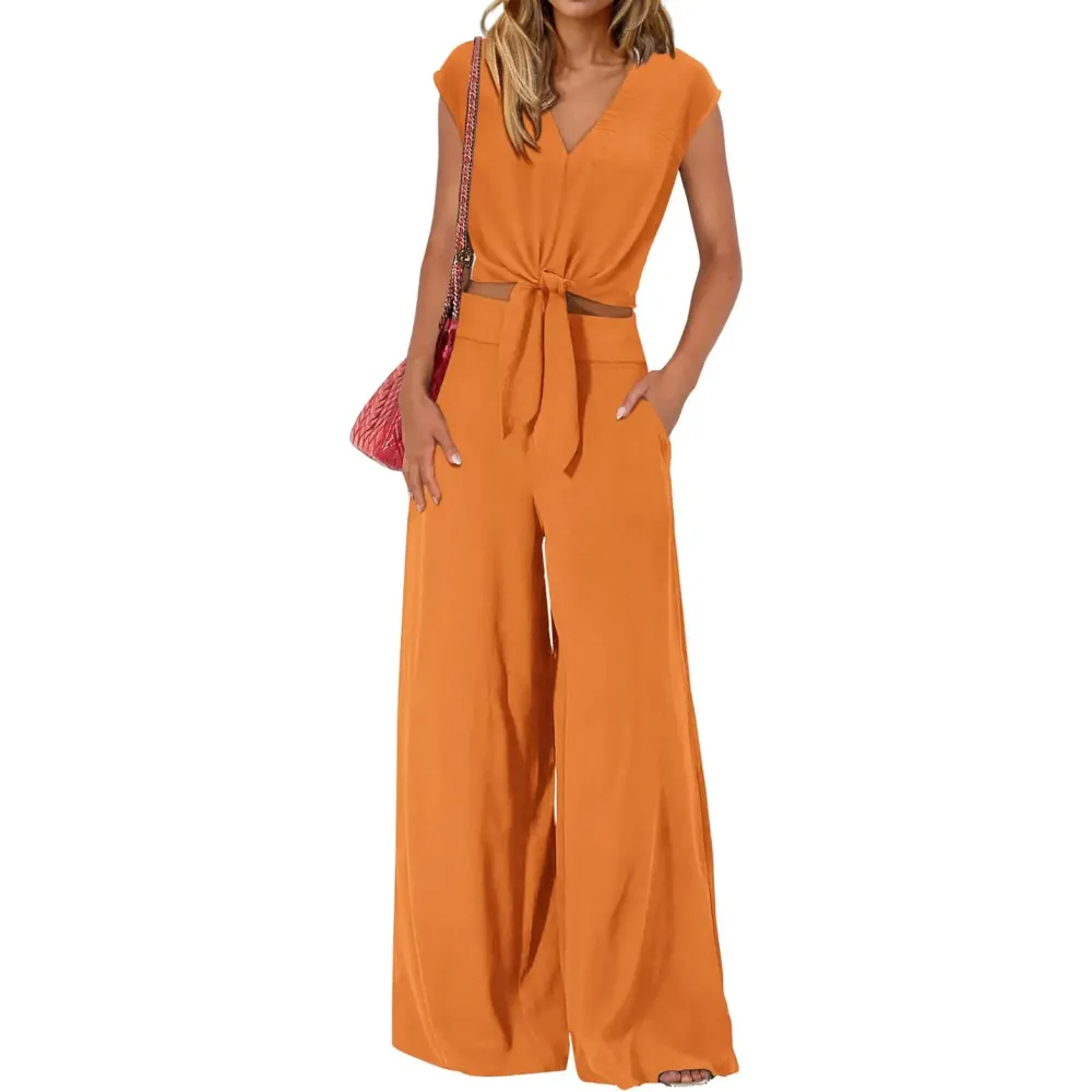 Women's V-Neck Tie Waist Crop Top & Wide Leg Pants 2-Piece Set