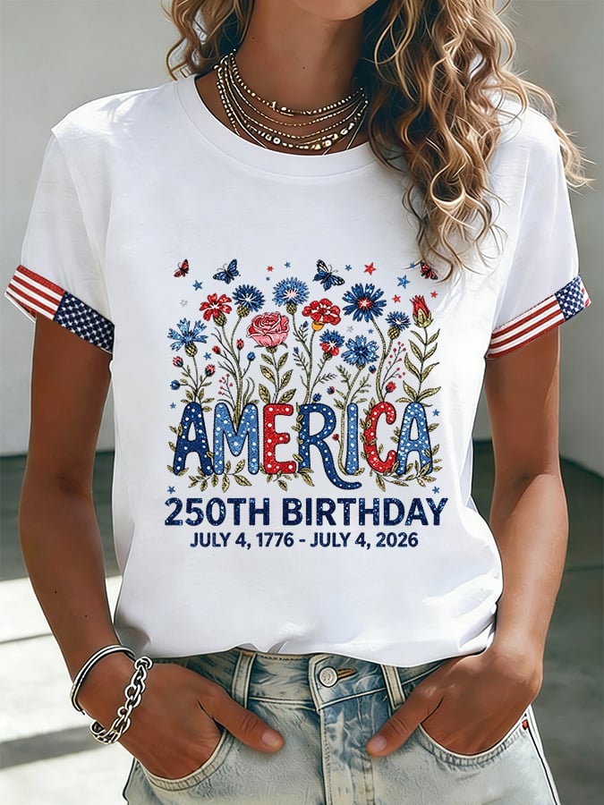 Women's 250 Years Of Freedom Flower Art Print  T-shirt