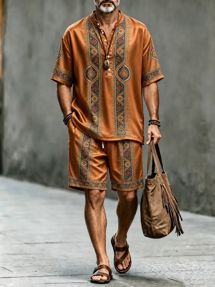 Men's Casual Vacation Set with African-Egyptian Pattern Print