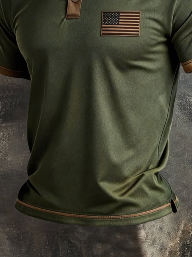 Men's Retro Patriot Color Block Polo Collar Short Sleeve