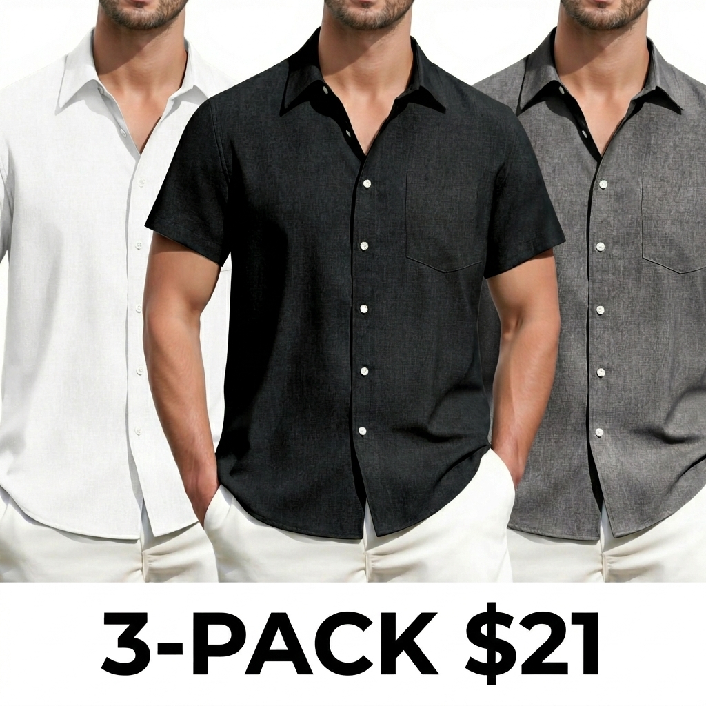 Men's Linen Short Sleeve Shirt – Breathable Lightweight Casual Button Down with Pocket
