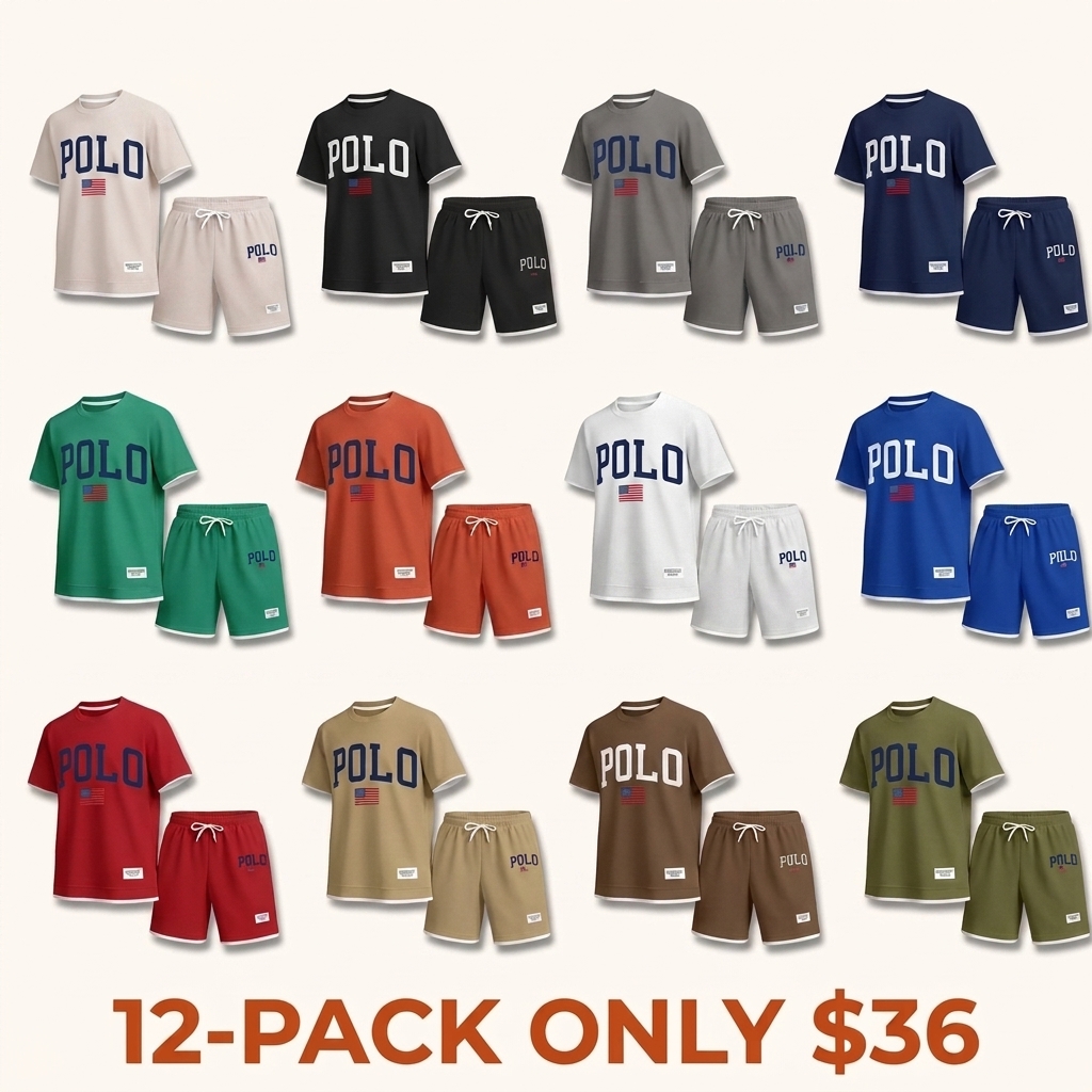 Men's Printed Polo Shirt and Drawstring Shorts Set