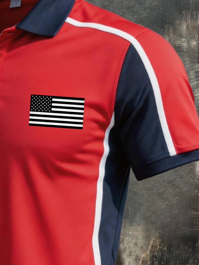 Men's Retro Patriotic Color-Block Short-Sleeve Polo Shirt