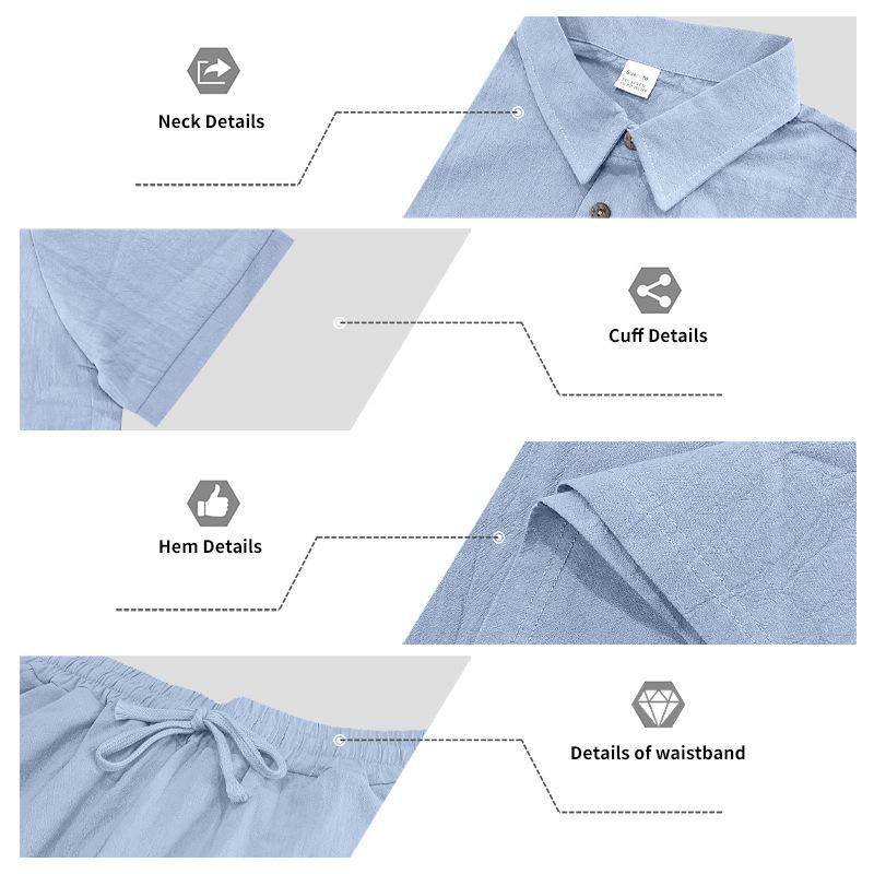 Men's Linen Beach 2-Piece Set – Short Sleeve Button Down Shirt & Loose Long Pants, Lightweight Summer Outfit