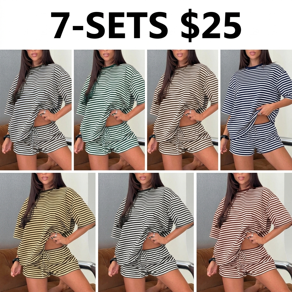 2 Spring Summer Stripe Print 2 Piece Outfit Women