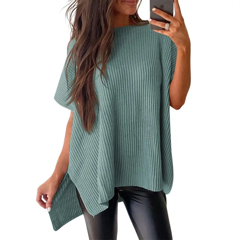 Women’s Crew Neck Short Sleeve Pullover Elegant Solid Color Knitwear