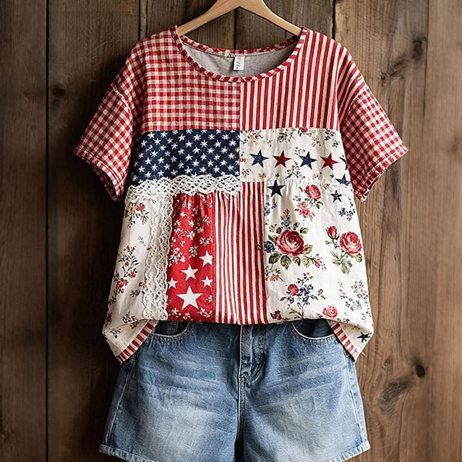 Women's Retro American Independence Day Commemorative Printed Round Neck Short Sleeve T-shirt