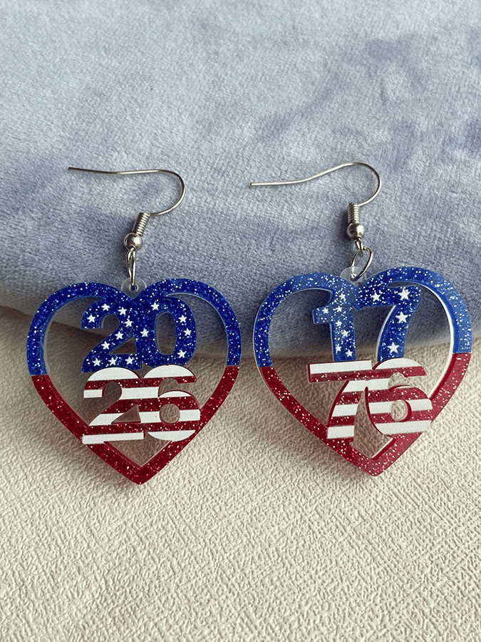 250th Anniversary of U.S. Independence Day — Acrylic Heart, Teardrop, and Number Double-Layer Earrings