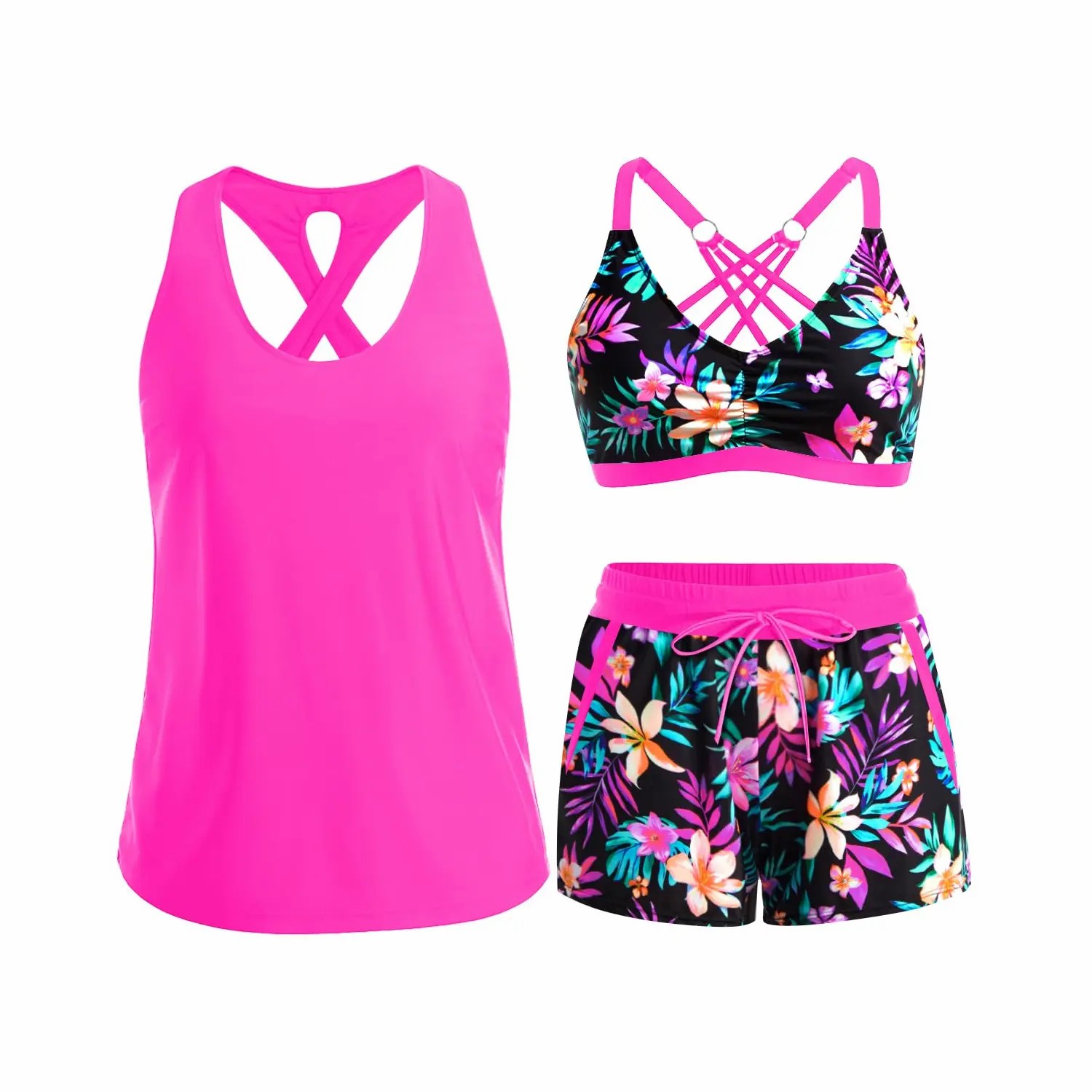 Women's 3-Piece Tankini with Swim Shorts – Modest Athletic Bathing Suit with Pockets