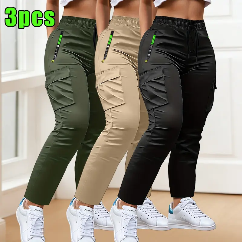 3-Pack women's multi-pocket thin overalls, four-season drawstring fashion pull-pocket design straight casual trousers