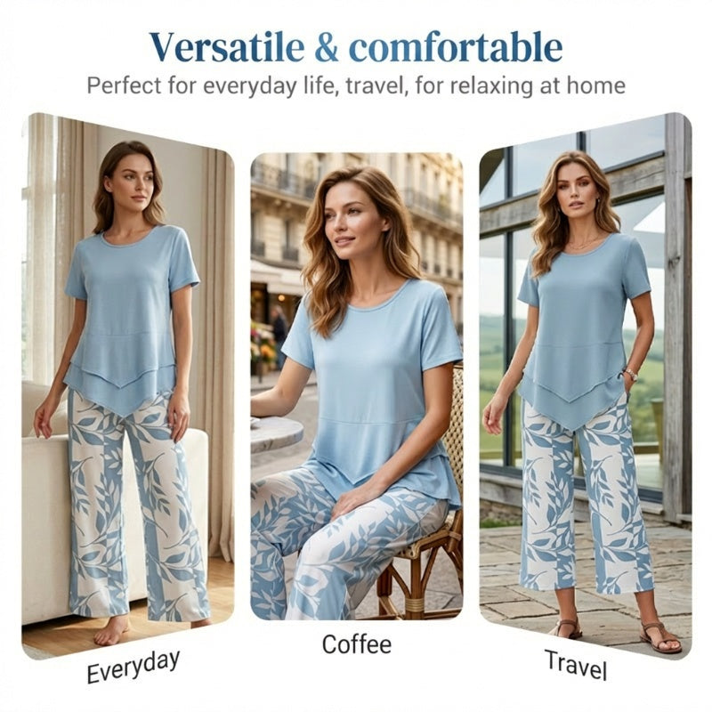 👗LIMITED-TIME 50% OFF! 🍃 Casual 2-Piece Set – Layered Tunic Top & Printed Wide-Leg Pants, Lightweight Polyester 🌸