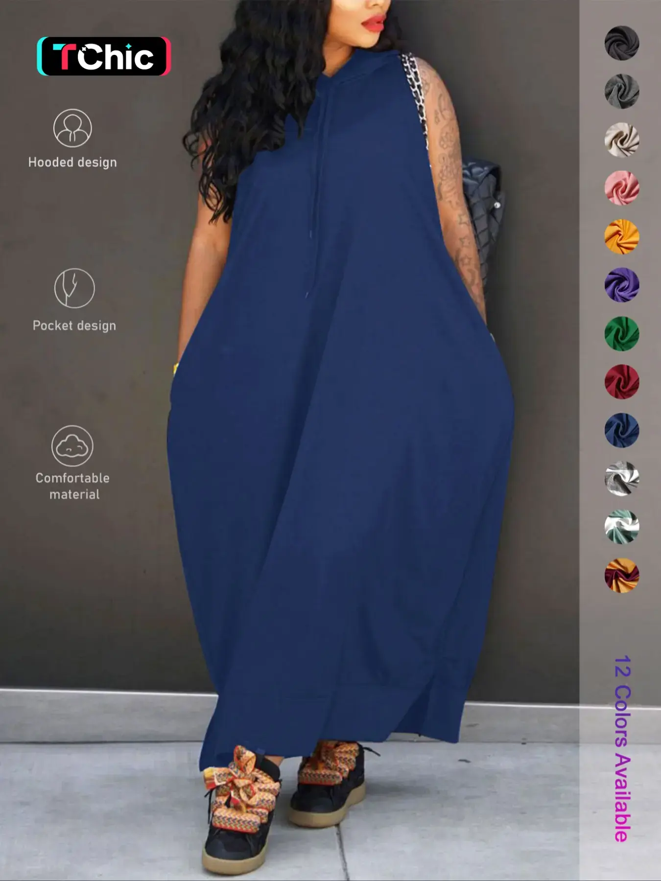 Women's Plain Drawstring Hoodie Tank Dress with Pocket for Summer