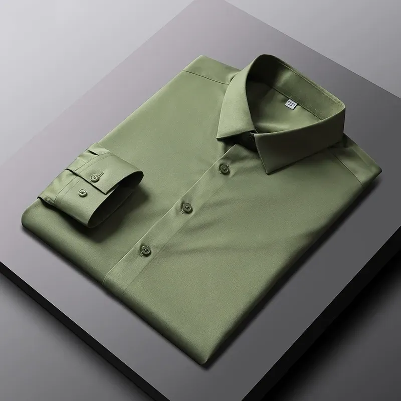 2025 New Elastic Silk White Shirt Men'S Long Sleeve Iron-Free Solid Color Breathable Casual Slim Business Men'S Shirt