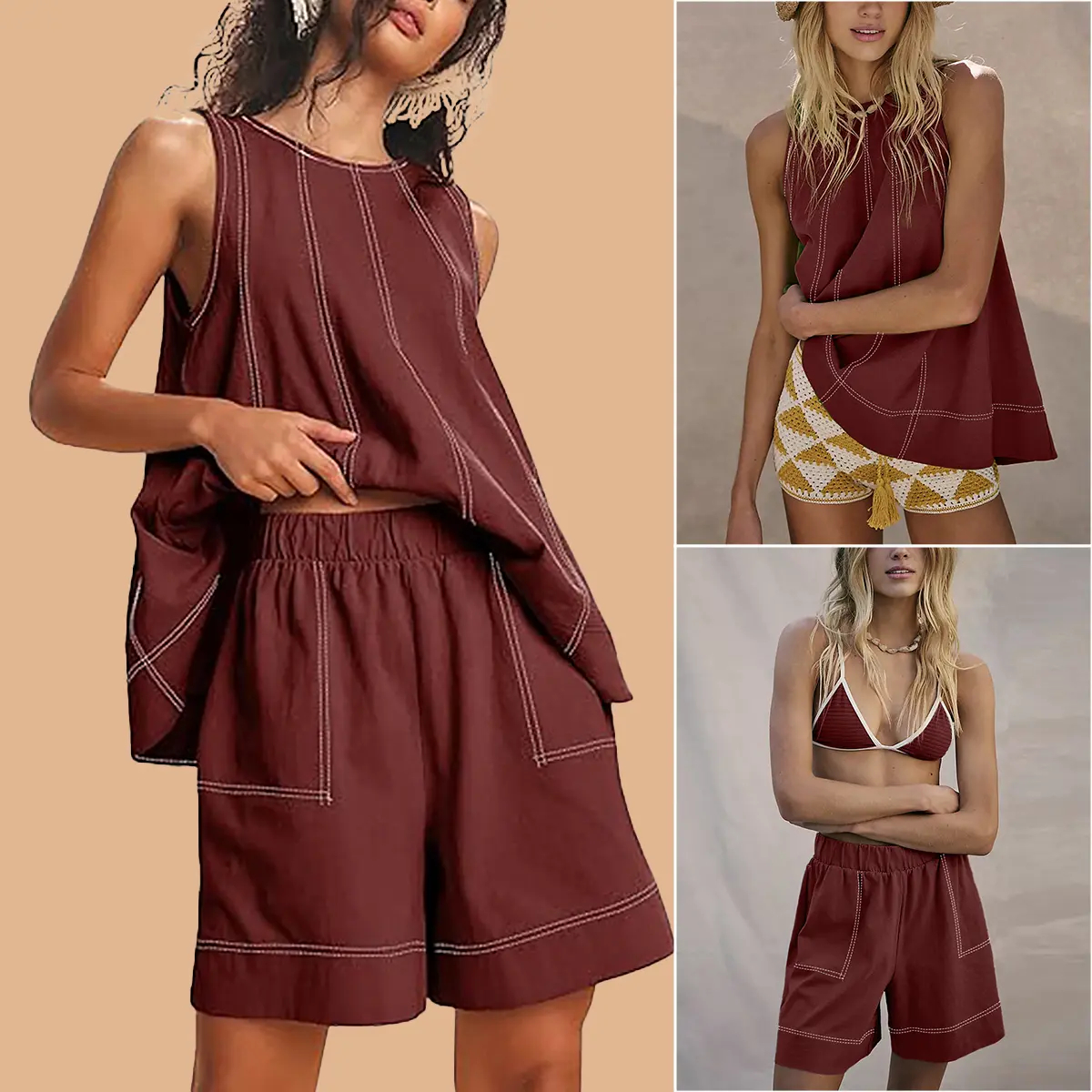 Women's Cotton Two Piece Outfit - A-Line Tank & High-Waist Shorts