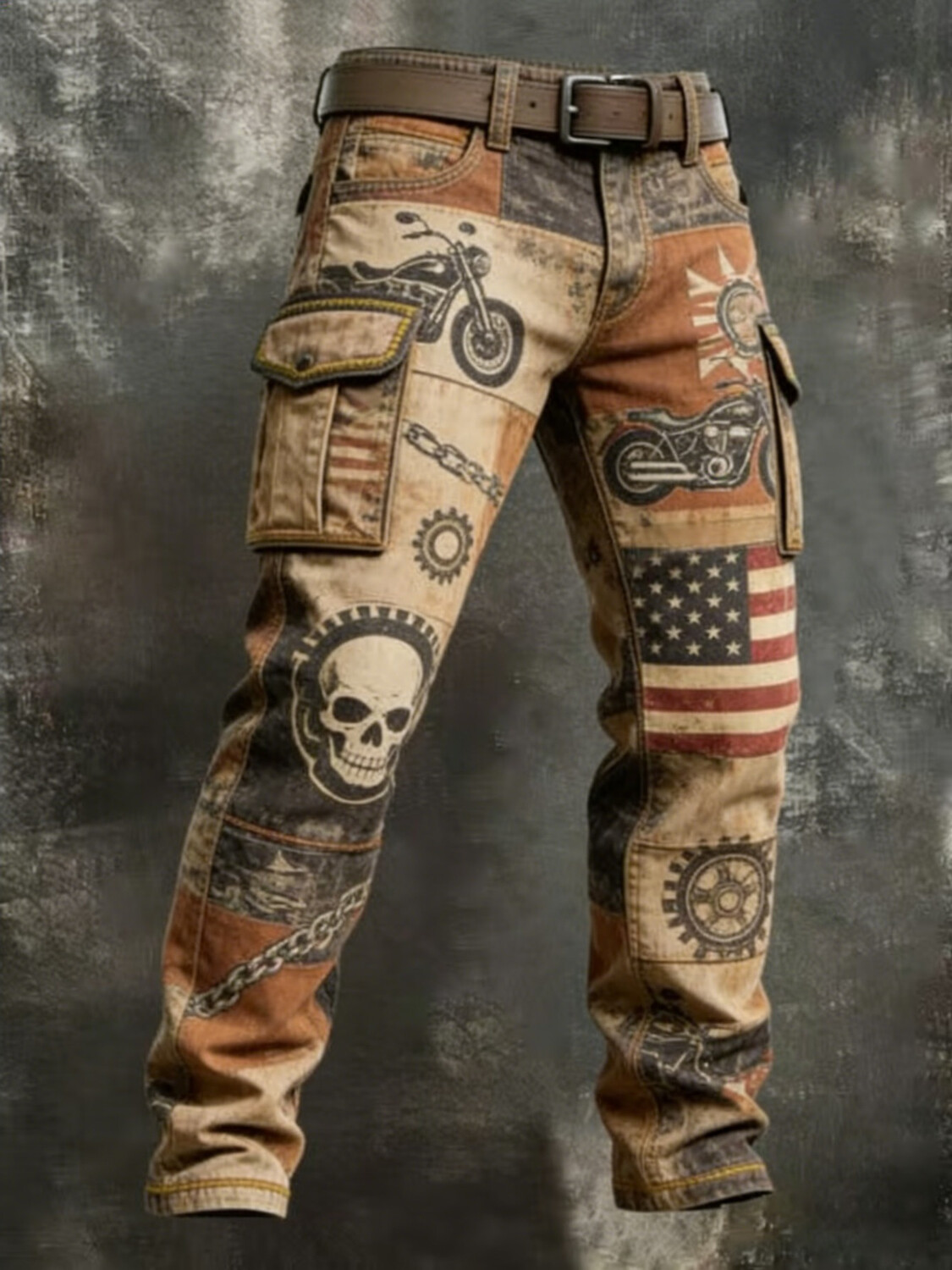 Men's Motorcycle Skull American Flag Art Print Casual Pants
